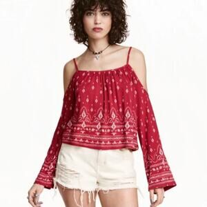 Coachella x H+M off shoulder top, Small boho red bandanna print collaboration